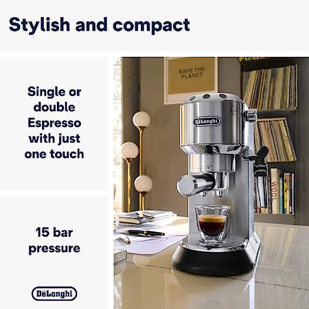 De'Longhi Dedica Style, tradisjonell espressomaskin med pumpe, kaffe- og cappuccinomaskin, EC685M, 1 liter, sølv